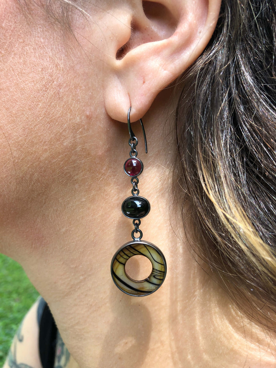 Natural good Gemstone Black Star Diopside Cabochon Dangling Earrings in black rhodium over Sterling Silver, black star diopside Gothic earrings.