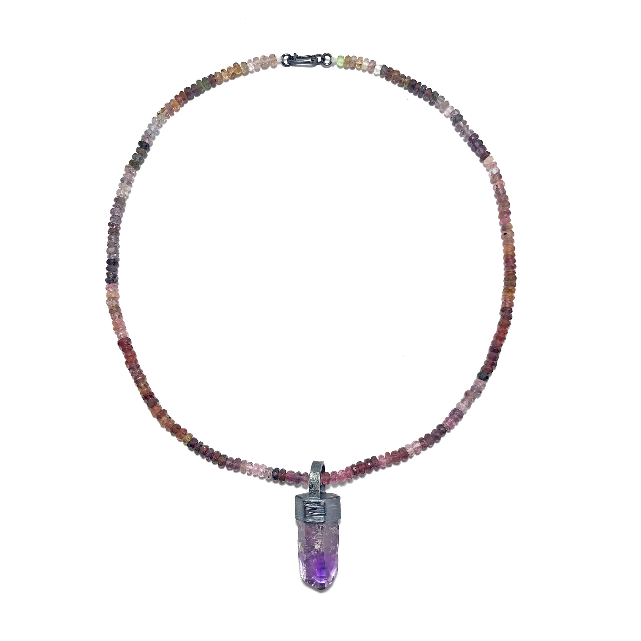Amethyst Crystal Pendant with Spinel Beads. "Enamored Adornments" Collection by Alex Lozier Jewelry.