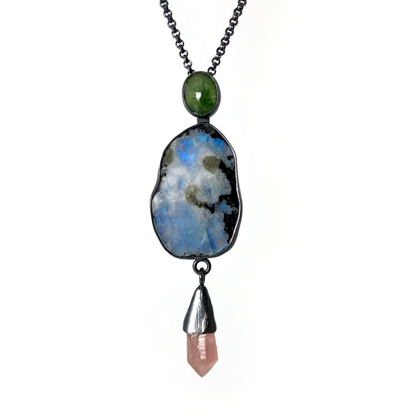 Magic Talisman with Emerald, Moonstone + Pink Amethyst handmade by Alex Lozier Jewelry