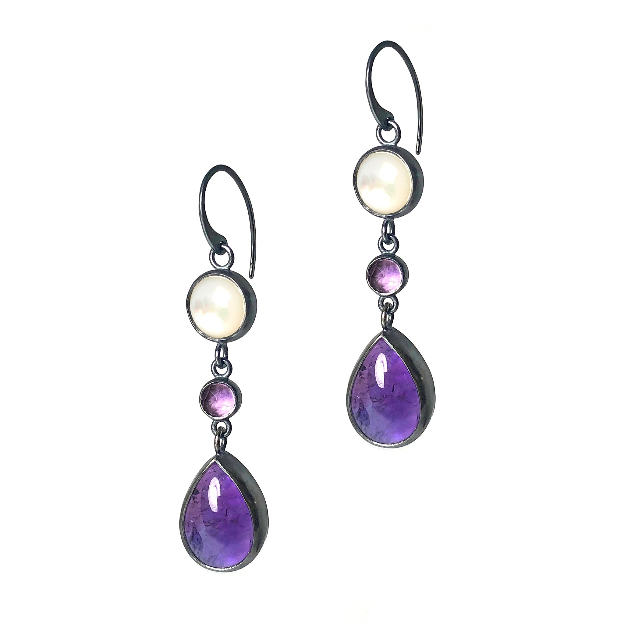 Amethyst + Mother of Pearl Dangle Earrings.  "Enamored Adornments" Collection by Alex Lozier Jewelry.