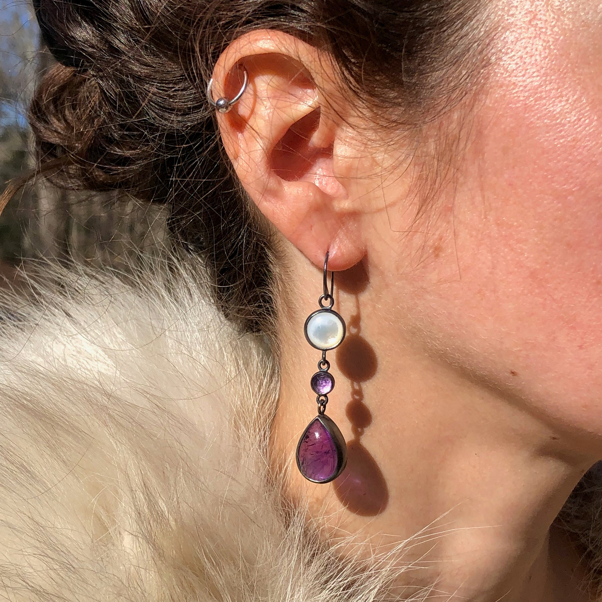 Amethyst + Mother of Pearl Dangle Earrings. "Enamored Adornments" Collection by Alex Lozier Jewelry.