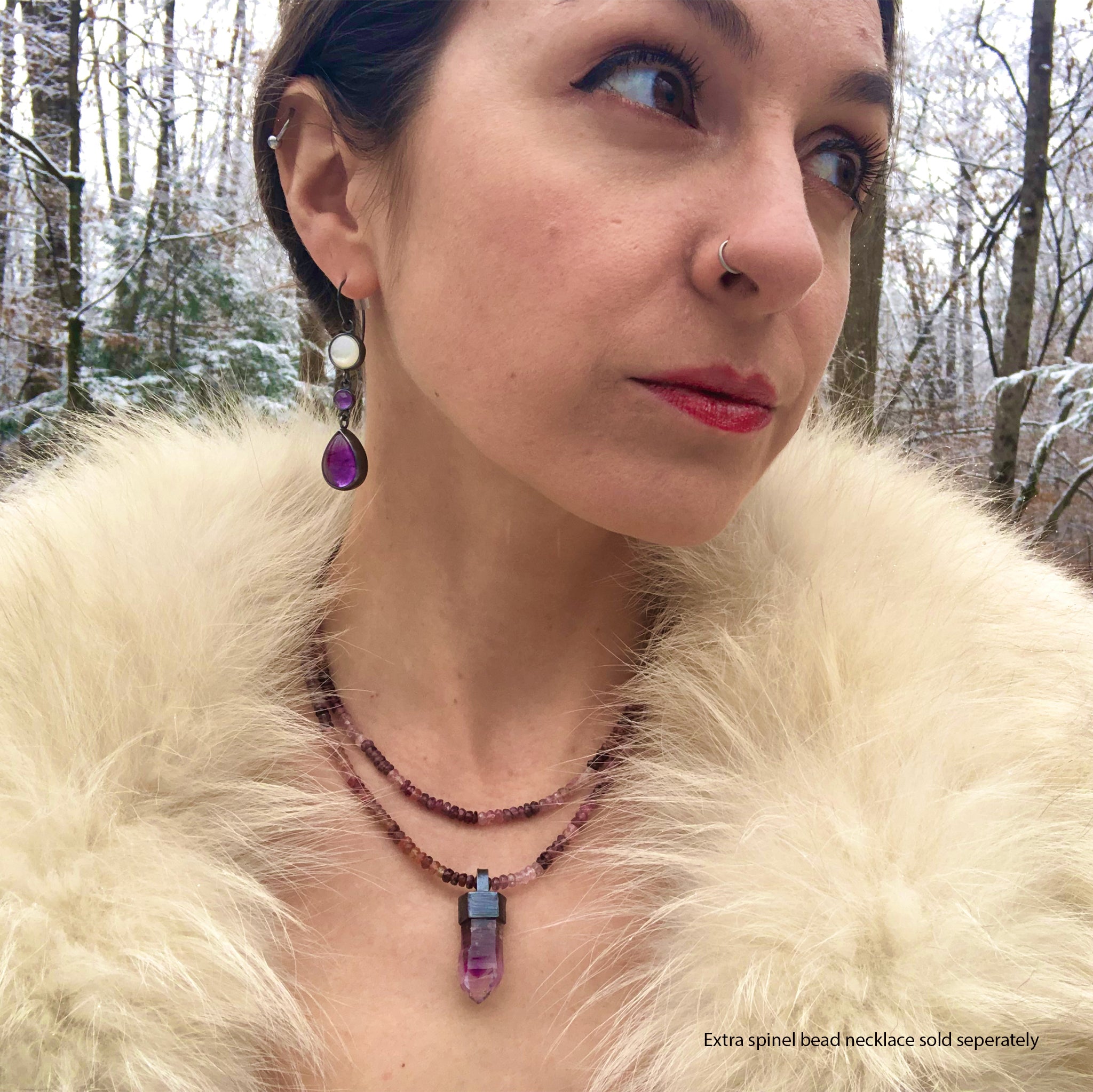 Amethyst Crystal Pendant with Spinel Beads. "Enamored Adornments" Collection by Alex Lozier Jewelry.