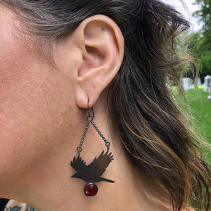 Garnet Flying Crow Talisman Earrings. Set in oxidized sterling silver. "Betwixt + Between" collection by Alex Lozier Jewelry + Salicrow.