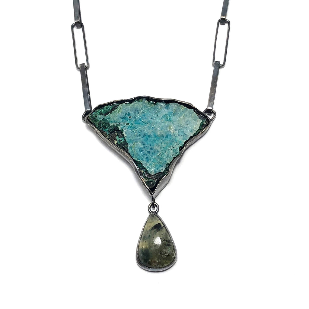 Druzy Chrysacolla + Epidote in Prehnite Necklace, handmade by Alex Lozier Jewelry.  "The Green Goddess" collection.