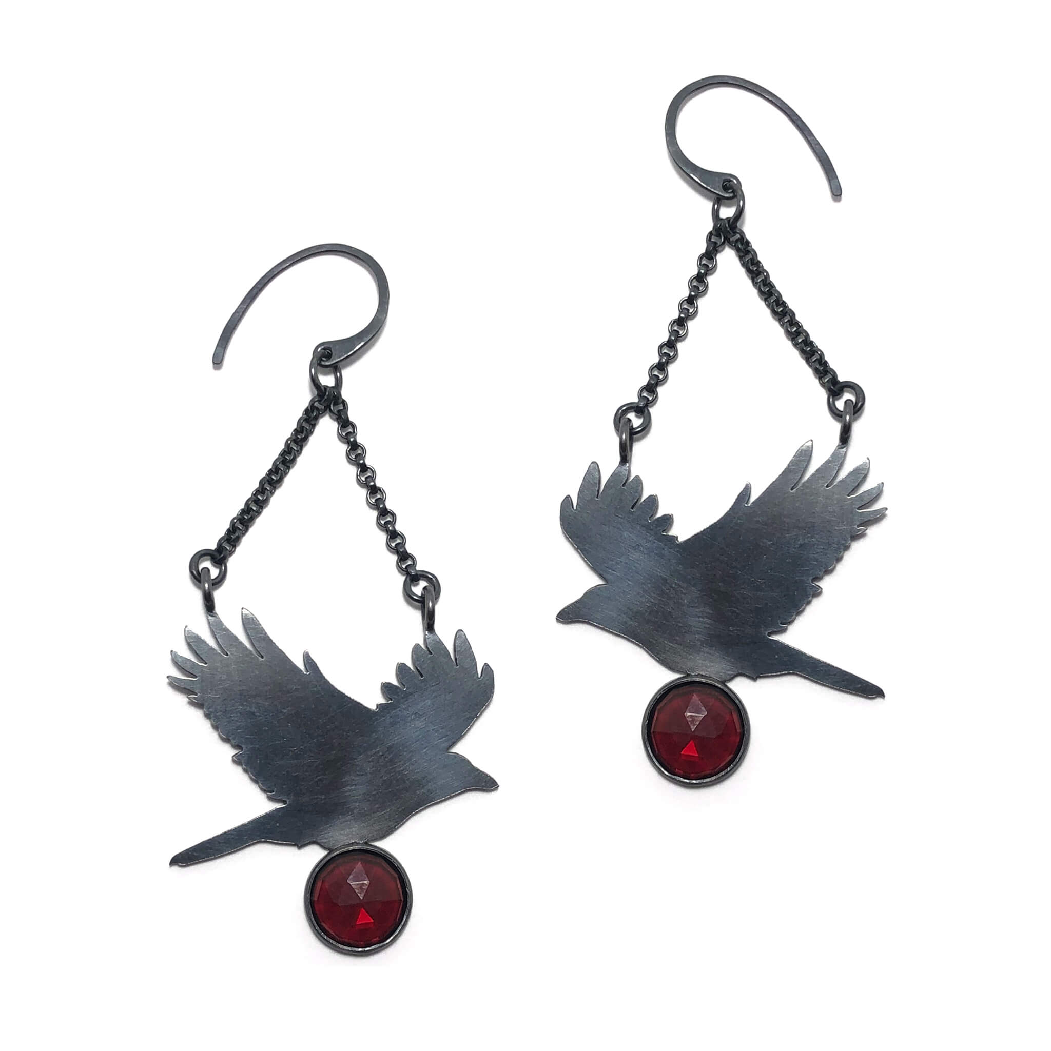 Garnet Flying Crow Talisman Earrings.  Set in oxidized sterling silver.  "Betwixt + Between" collection by Alex Lozier Jewelry + Salicrow.