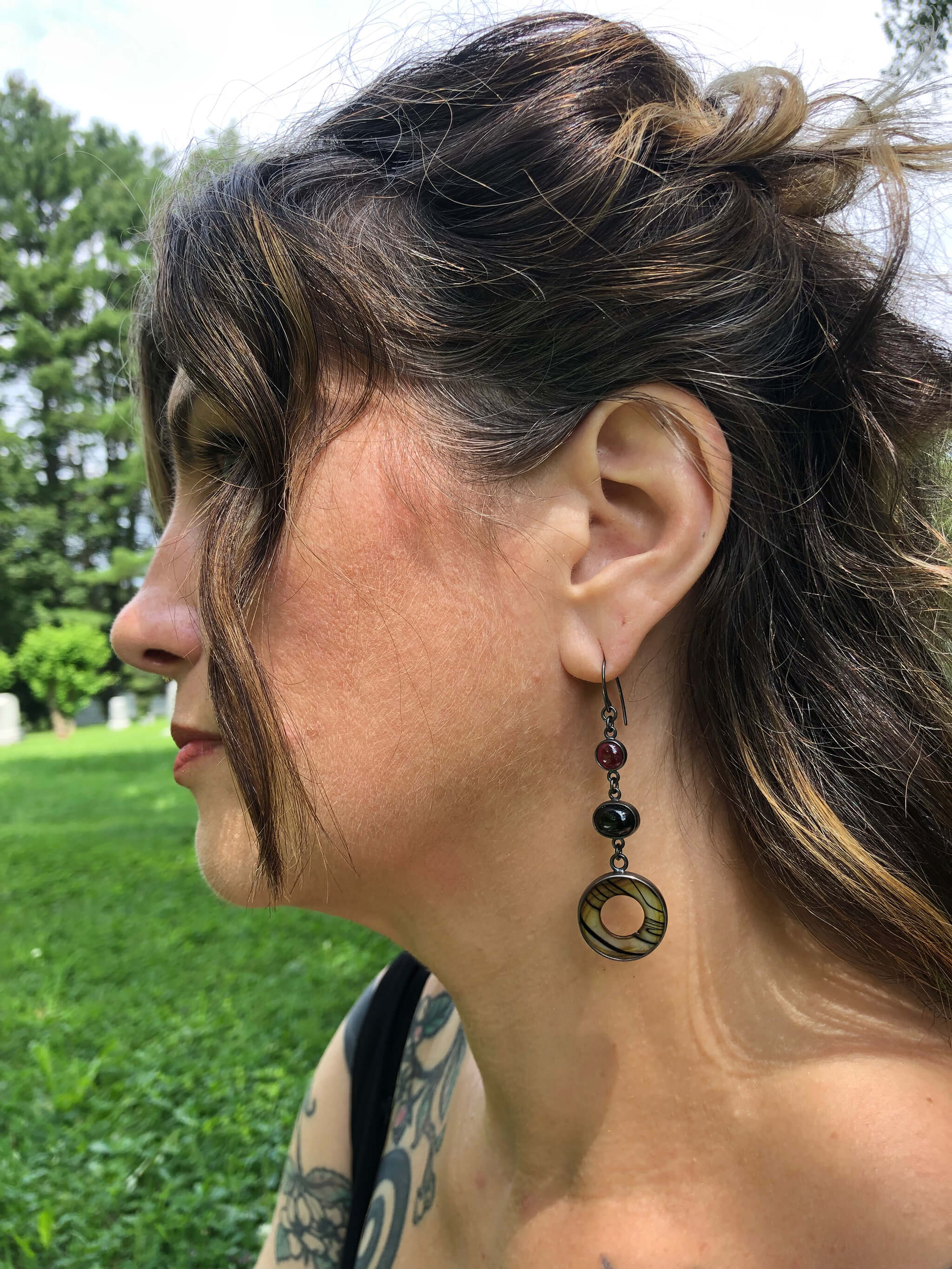 Garnet, Black Star Diopside + Mother of Pearl Dangle Earrings. Set in oxidized sterling silver. "Betwixt + Between" collection by Alex Lozier Jewelry + Salicrow.