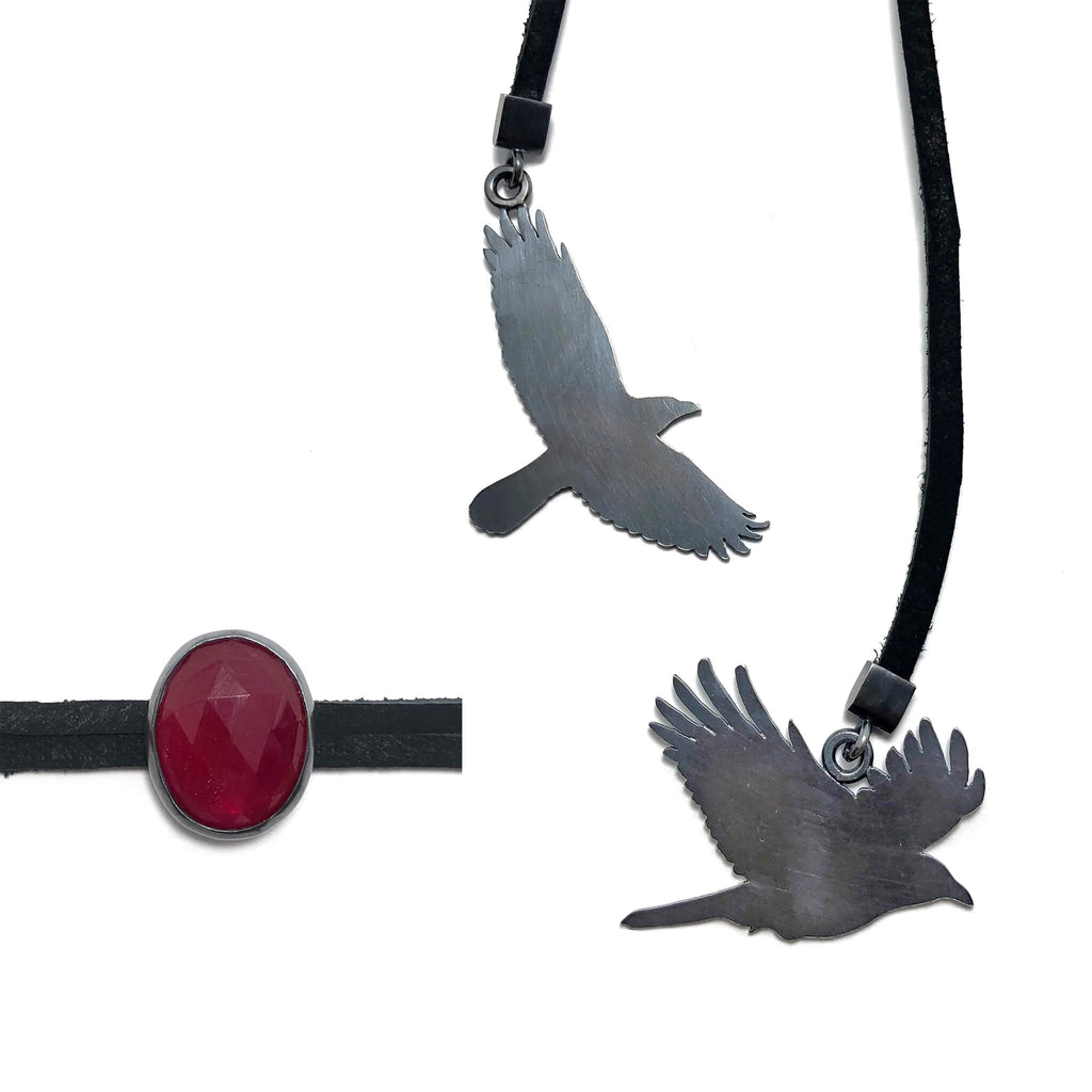 Garnet Crow Goddess Headdress + Choker Necklace.  Set in oxidized sterling silver.  "Betwixt + Between" collection by Alex Lozier Jewelry + Salicrow.