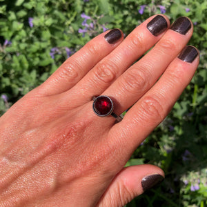 Red Garnet Ring set in Oxidized Sterling Silver. "Enamored Adornments" Collection by Alex Lozier Jewelry.