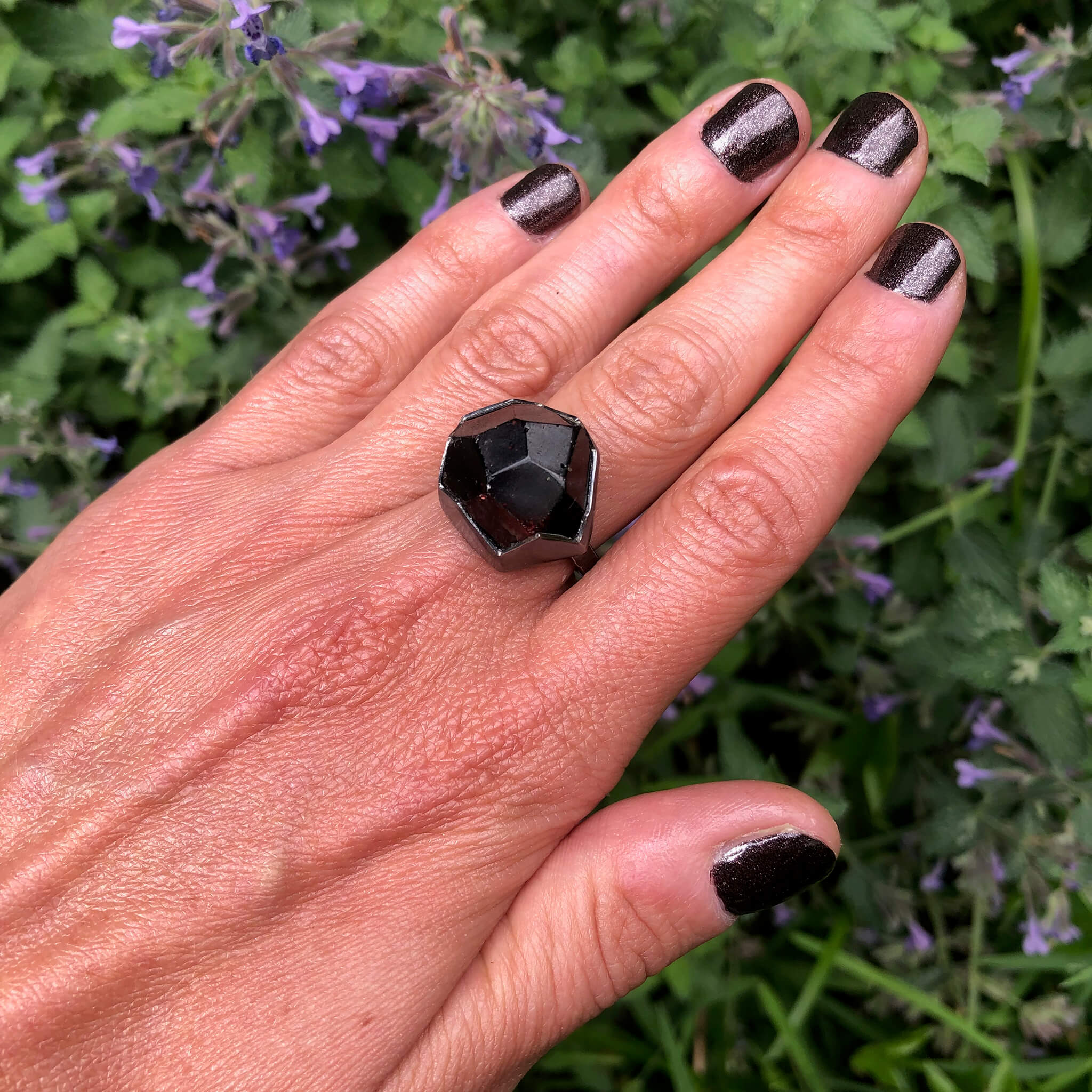 Geometric Garnet Crystal Ring. Set in Oxidized sterling silver. "Betwixt + Between" collection by Alex Lozier Jewelry + Salicrow.