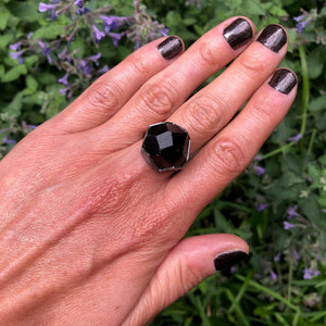 Geometric Garnet Crystal Ring. Set in Oxidized sterling silver. "Betwixt + Between" collection by Alex Lozier Jewelry + Salicrow.