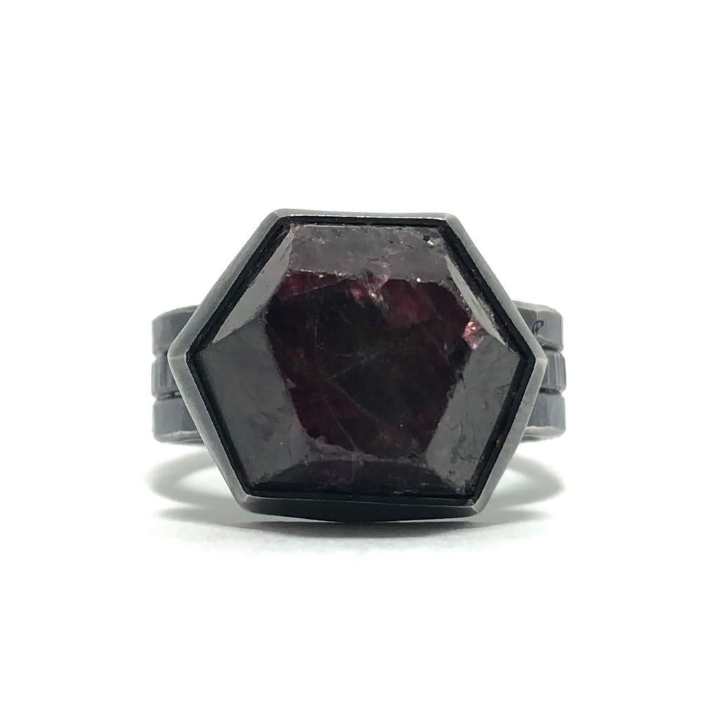 Garnet Crystal Ring.  Set in oxidized sterling silver.  "Betwixt + Between" collection by Alex Lozier Jewelry + Salicrow.