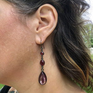 Lepidolite + Garnet Drop Earrings. Set in oxidized sterling silver. "Betwixt + Between" collection by Alex Lozier Jewelry + Salicrow.