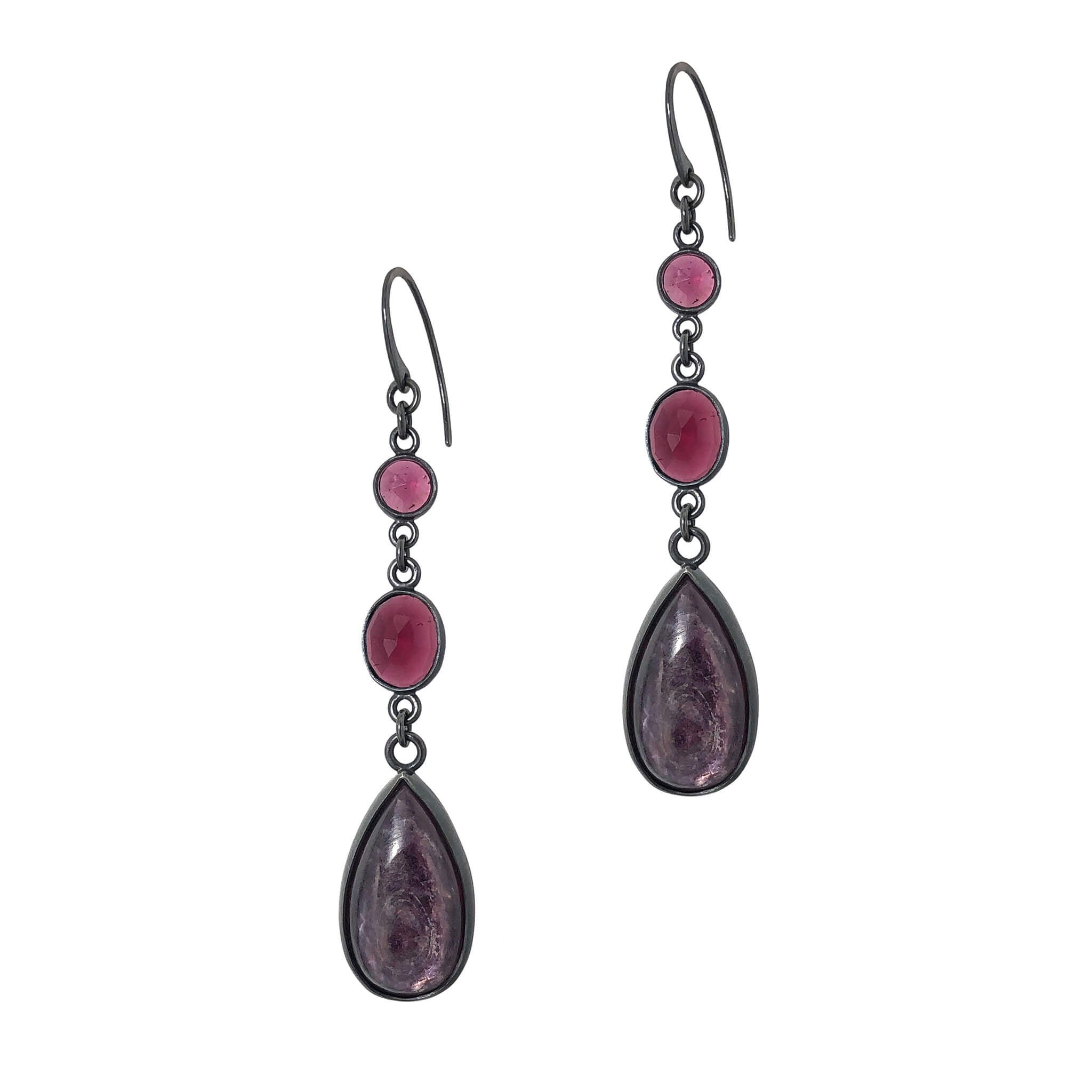 Lepidolite + Garnet Drop Earrings.  Set in oxidized sterling silver. "Betwixt + Between" collection by Alex Lozier Jewelry + Salicrow.