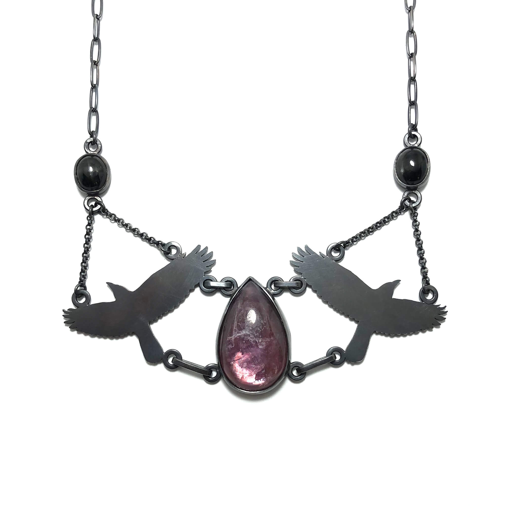 Gem Lepidolite + Black Star Dioptase Crow Goddess Necklace.  Set in oxidized sterling silver.  "Betwixt + Between" collection by Alex Lozier Jewelry + Salicrow