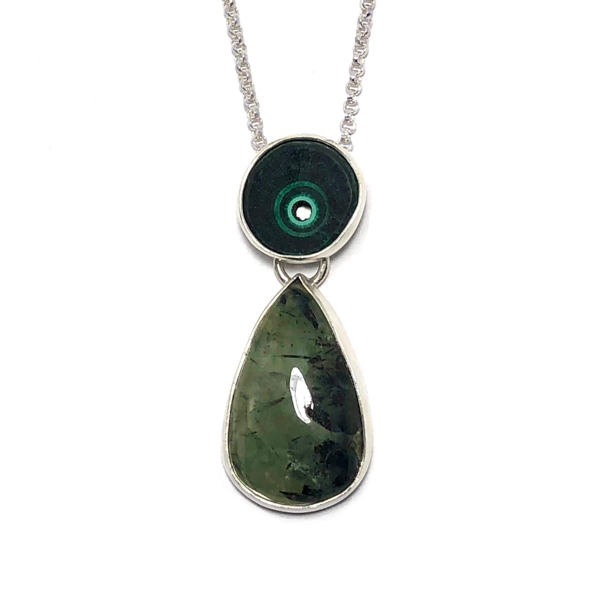Malachite + Epidote in Prehnite Talisman Pendant, handmade by Alex Lozier Jewelry.  "The Green Goddess" collection.