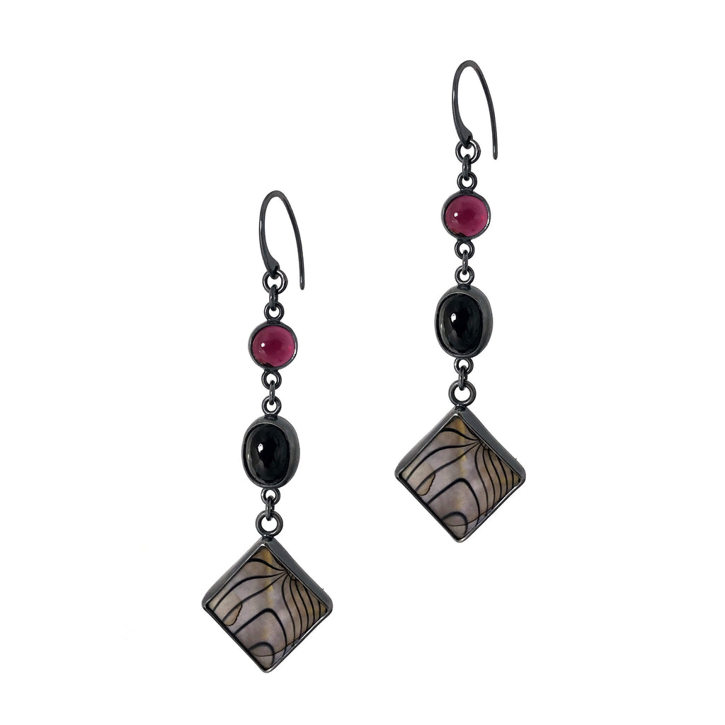 Garnet, Black Star Dioptase + Garnet Dangle Earrings.  Set in oxidized sterling silver.  "Betwixt + Between" collection by Alex Lozier Jewelry + Salicrow.
