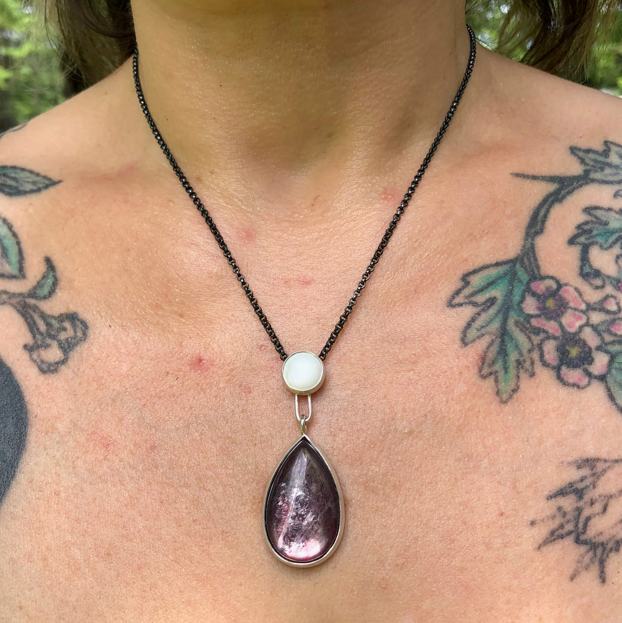 Lepidolite + Mother of Pearl Pendant + Headdress. Set in sterling silver. "Betwixt + Between" collection by Alex Lozier Jewelry + Salicrow.