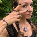 4 Directions Ring worn with Amethyst Amulet Ring, Amethyst Amulet Bracelet + Star Child Ring.  Part of the Season of the Witch Collection by Alex Lozier Jewelry.