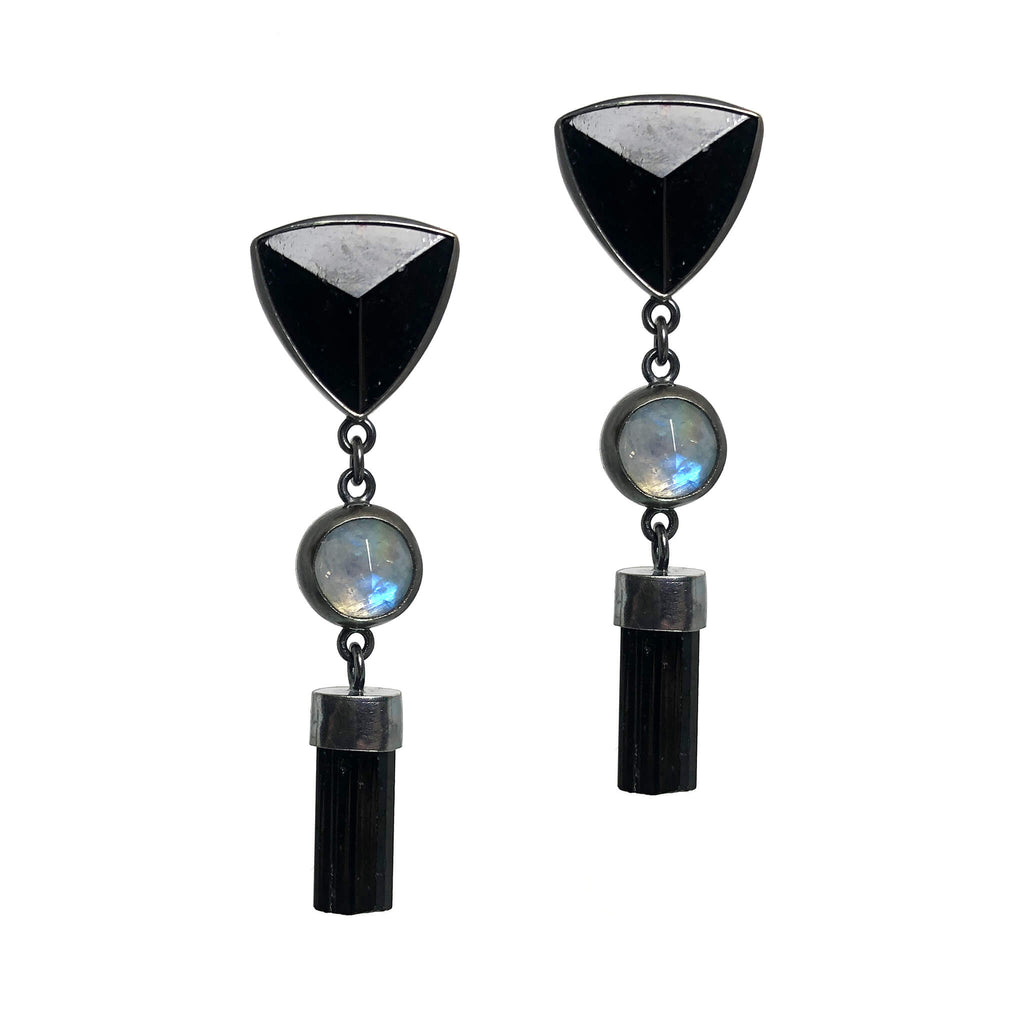 Black Tourmaline + Moonstone Talisman Earrings.  Season of the Witch collection by Alex Lozier Jewelry.