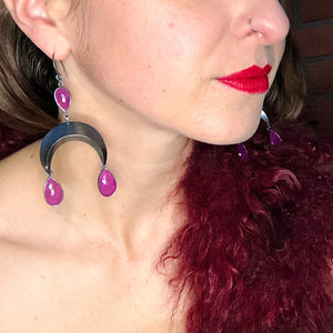 3 Rose cut pink sapphire teardrop gemstones with oxidized sterling silver crescent moons. Dangle earrings. Hearts on Fire collection. Handmade by Alex Lozier Jewelry.