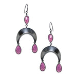 3 Rose cut pink sapphire teardrop gemstones with oxidized sterling silver crescent moons.  Dangle earrings.  Hearts on Fire collection.  Handmade by Alex Lozier Jewelry.