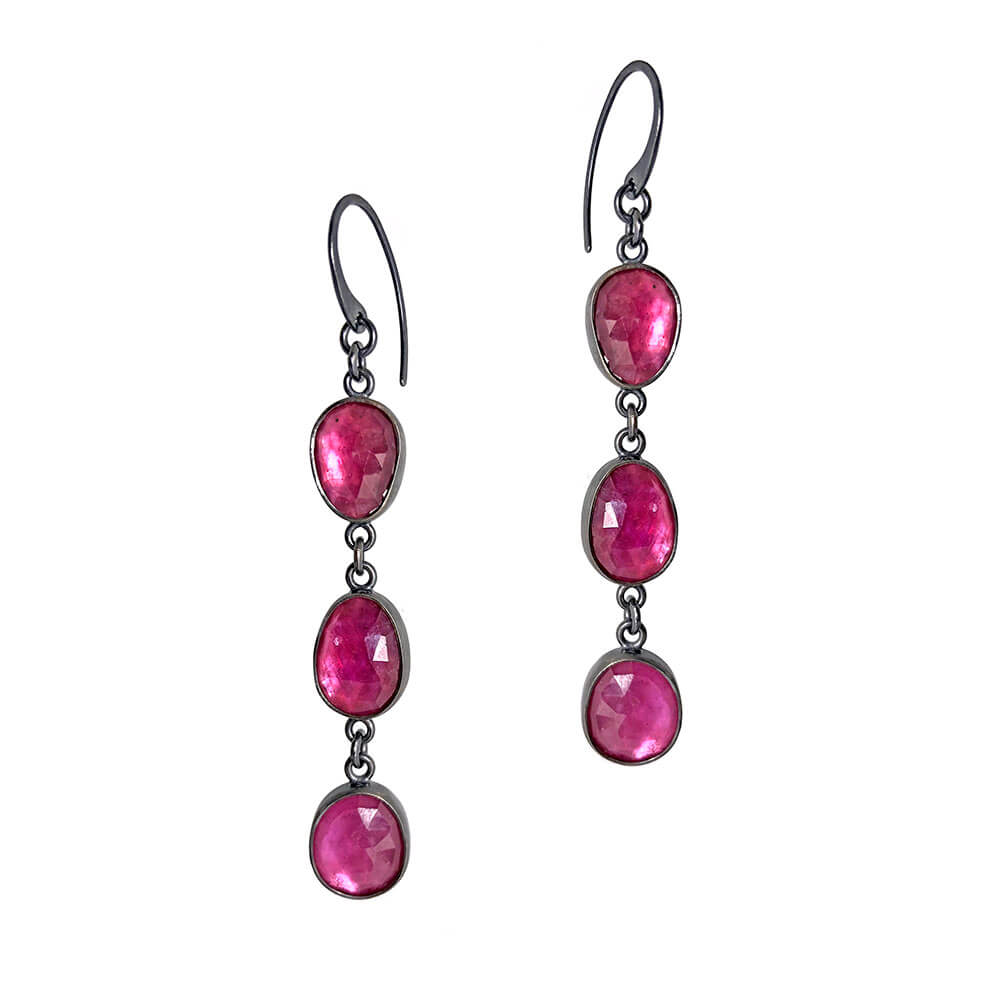 3 Rose cut Ruby gemstones set in oxidized sterling silver.  Dangle earring.  Hearts on Fire collection.  Handmade by Alex Lozier Jewelry.