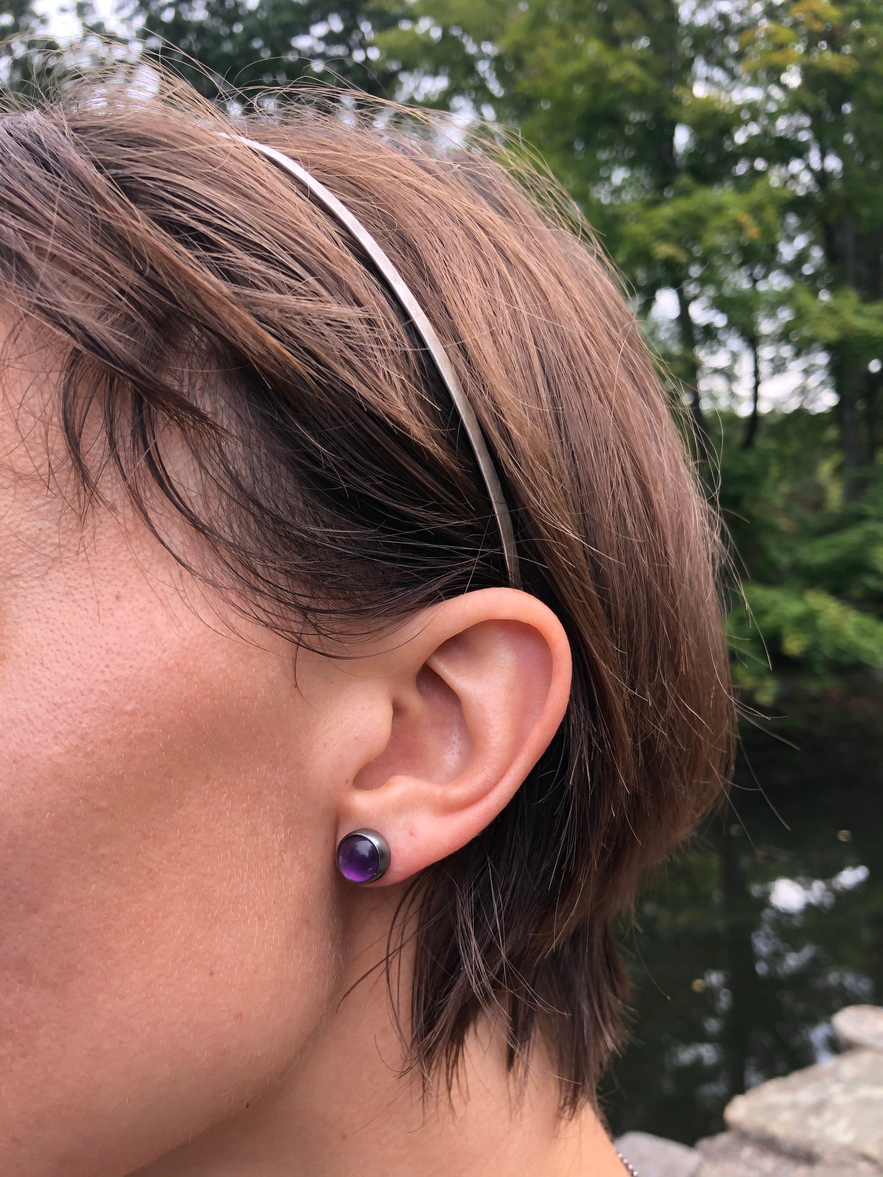 Amethyst Amulet Post earrings worn with sterling silver headband. Part of the Season of the Witch collection by Alex Lozier Jewelry.