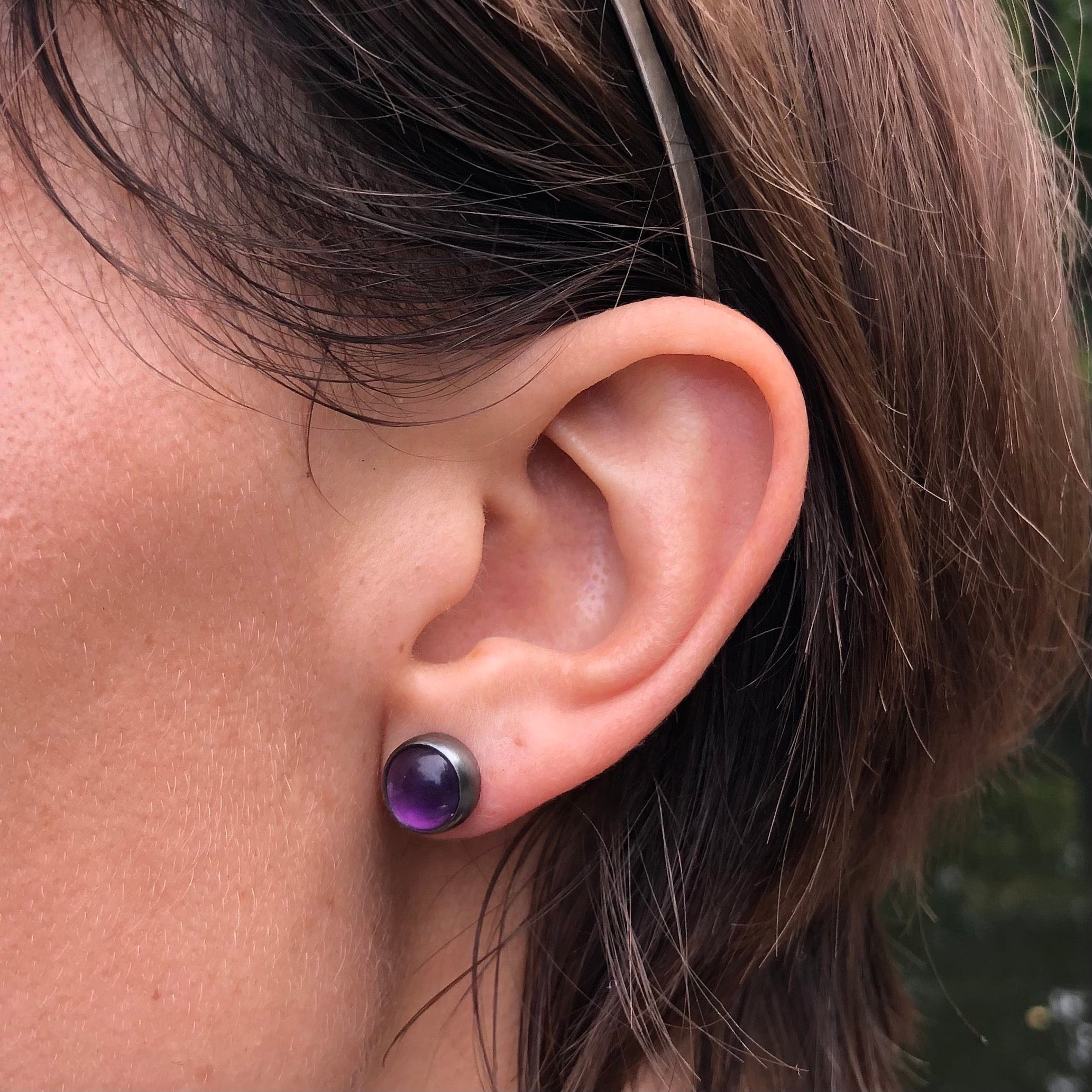 Amethyst Amulet Post earrings worn with sterling silver headband.  Part of the Season of the Witch collection by Alex Lozier Jewelry.