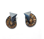 Ammonite earrings with triangle shaped hollow formed oxidized sterling silver elements