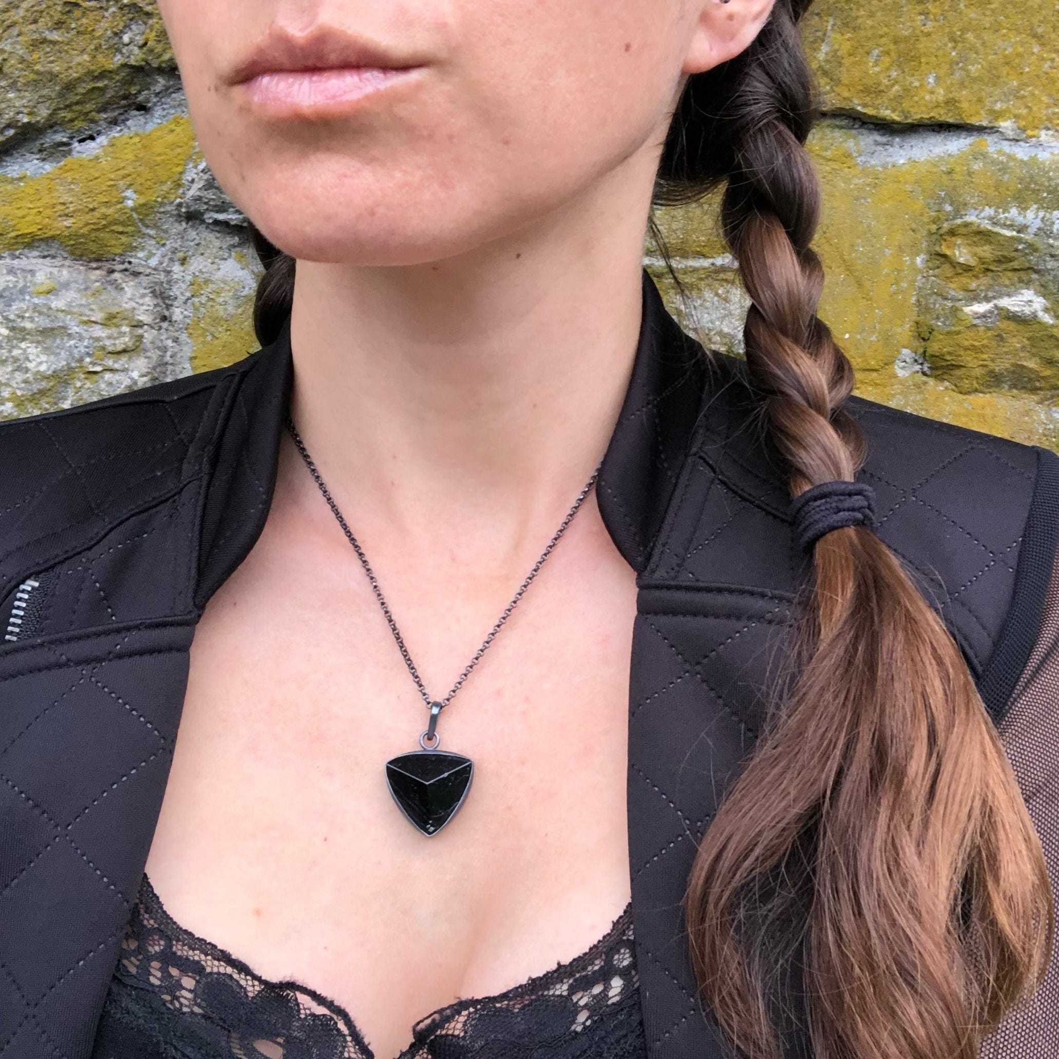 Black Tourmaline Shield Pendant. Part of the Season of the Witch collection by Alex Lozier Jewelry.