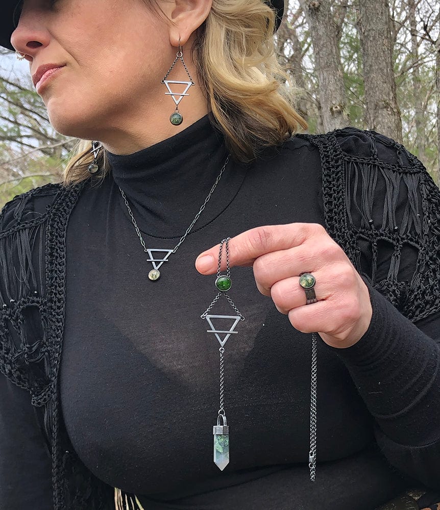 EARTH MAGICK Moss Agate jewelry collection, including Earth Magick Talisman Necklace, Ring, Earrings + Pendulum. Part of the "Elements of Magick" collection by Alex Lozier Jewelry + Salicrow