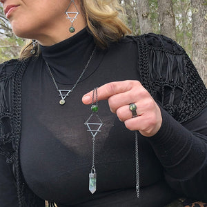 EARTH MAGICK Moss Agate jewelry collection, including Earth Magick Talisman Necklace, Earrings, Ring + Pendulum. Part of the "Elements of Magick" collection by Alex Lozier Jewelry + Salicrow