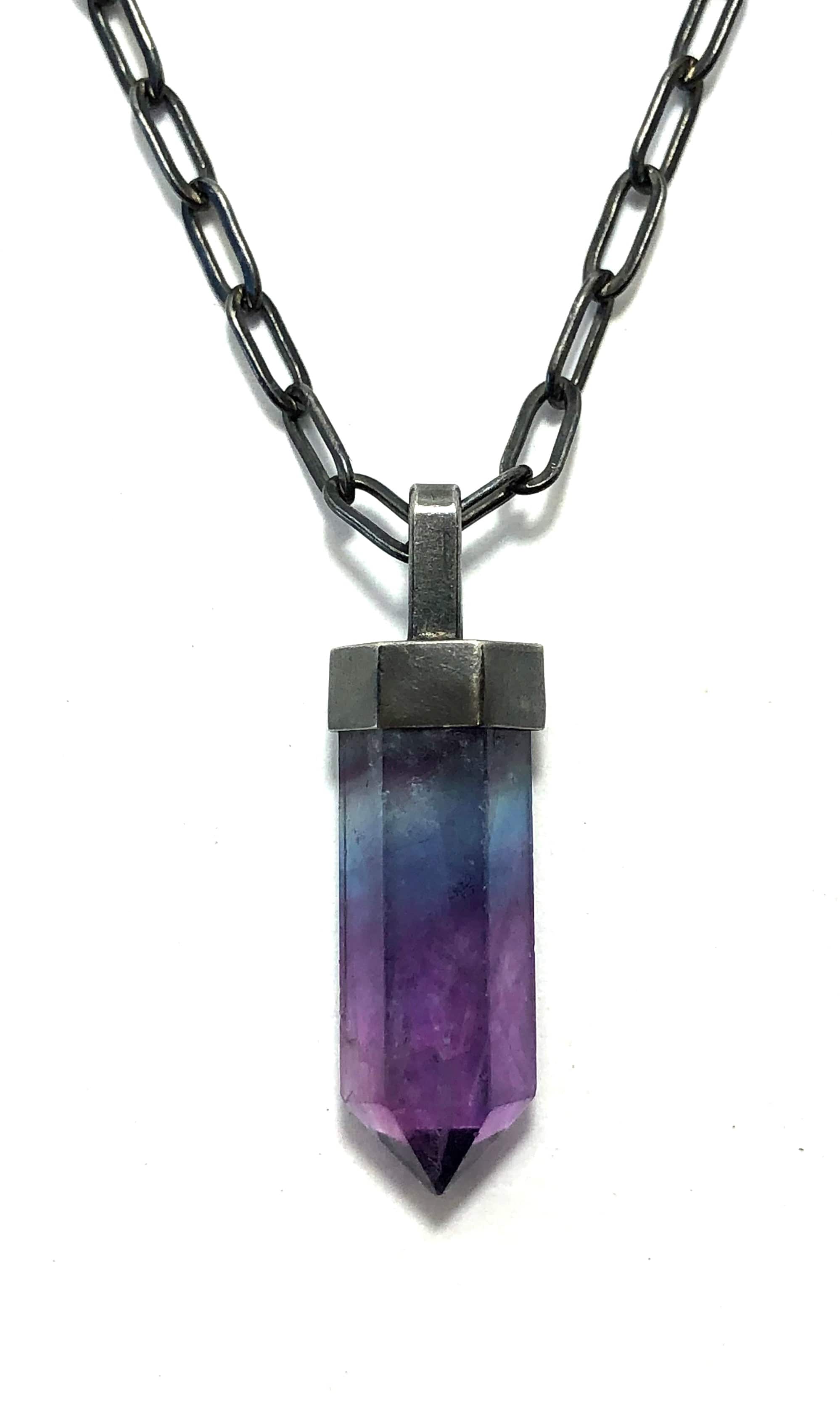 Fluorite crystal pendant on oxidized sterling silver chain