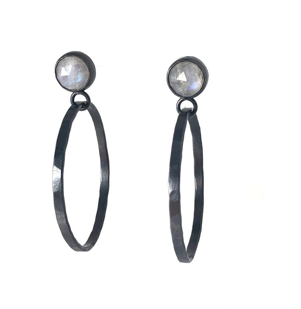Rainbow Moonstone Hoop Earrings set in oxidized sterling silver.  Handmade by Alex Lozier Jewelry. Season of the Witch collection.