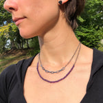 Amethyst Beads with handmade chain.  Necklace worn doubled around the neck to create 2 layers.  Part of the Season of the Witch Collection by Alex Lozier Jewelry.