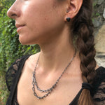 Handmade Chain Layered Necklace worn with the Black Tourmaline Post Earrings. Part of the Season of the Witch collection by Alex Lozier Jewelry.