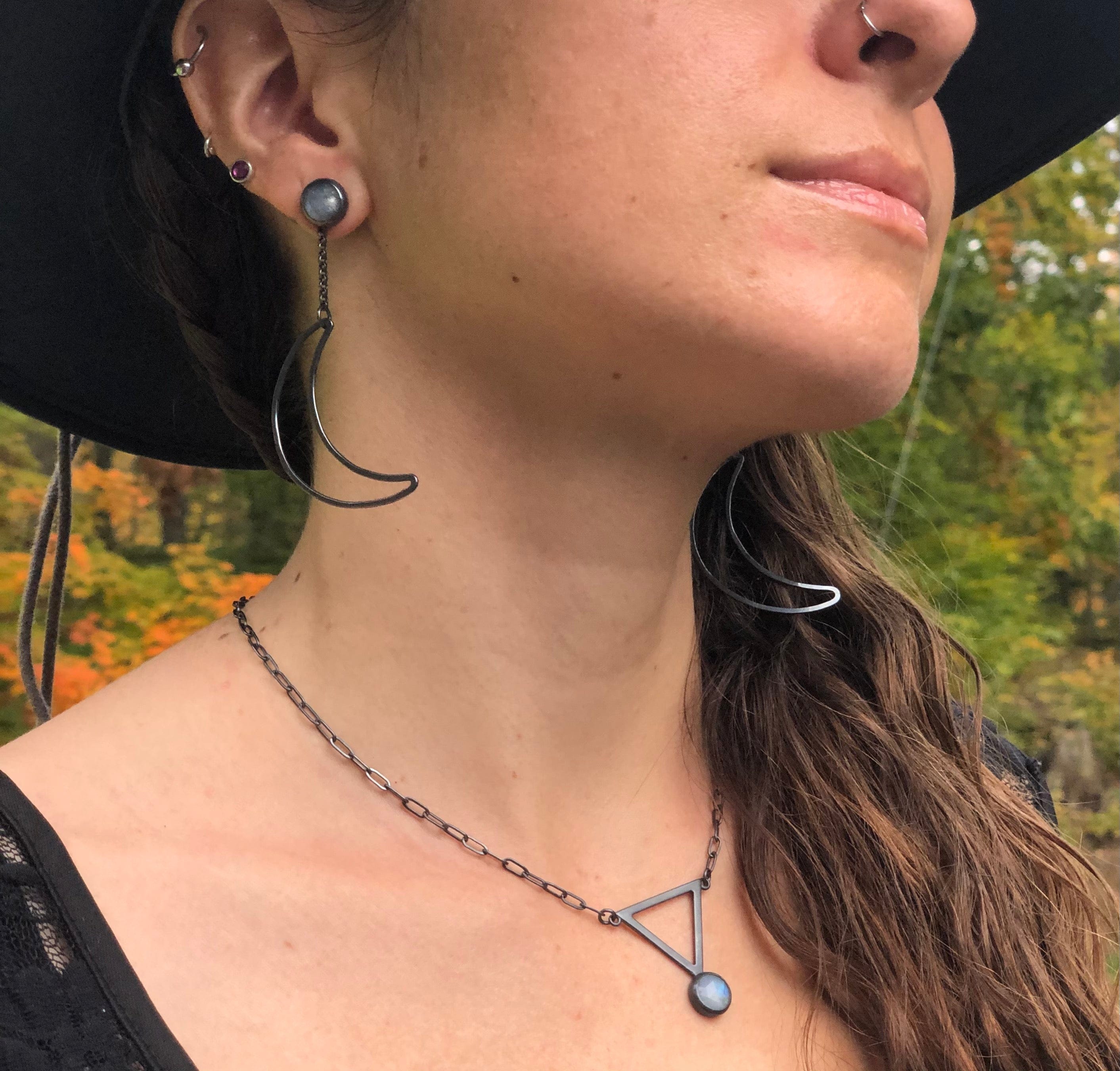 Moonstone + Triangle Alchemy Pendant. Handmade by Alex Lozier Jewelry. Season of the Witch collection.