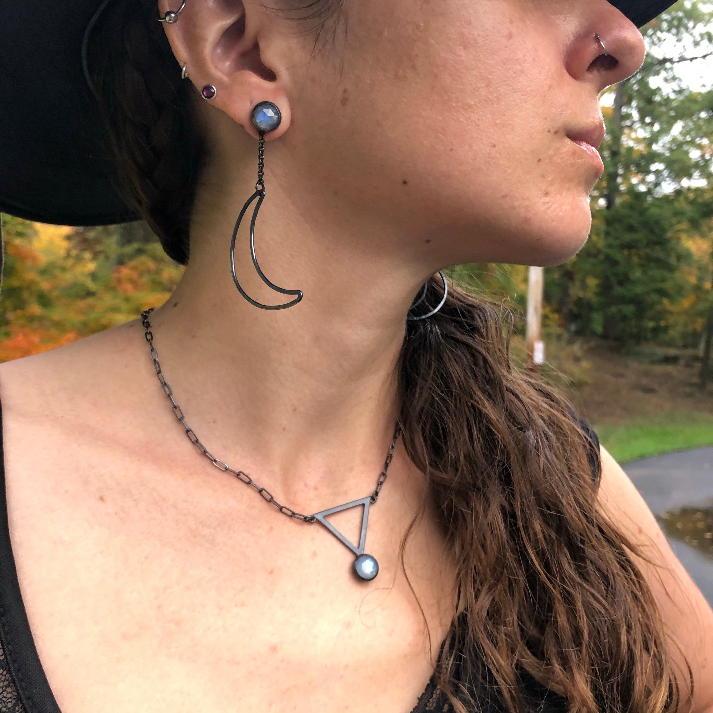 Moon Lovers Trilogy Earrings. Can be styled in 3 different ways! Moonstone set in oxidized sterling silver. Handmade by Alex Lozier Jewelry. Season of the Witch collection.
