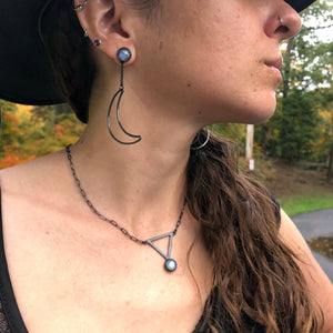 Moon Lovers Trilogy Earrings. Can be styled in 3 different ways! Moonstone set in oxidized sterling silver. Handmade by Alex Lozier Jewelry. Season of the Witch collection.