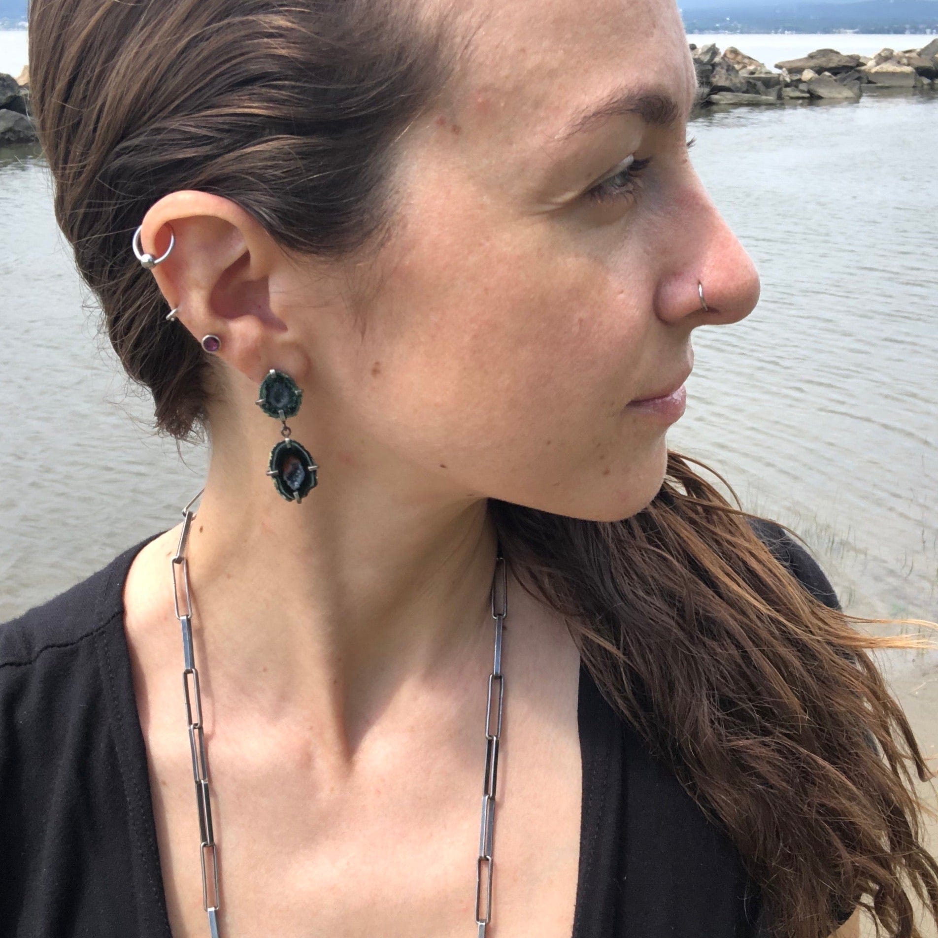 Alex Lozier Jewelry.  Double Geode druzy post earrings.
