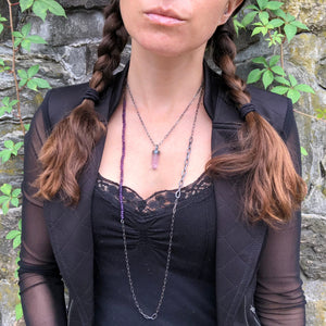 Amethyst Beads + Chain Layered Necklace worn with the Amethyst Crystal Pendant. Part of the Season of the Witch Collection by Alex Lozier Jewelry.