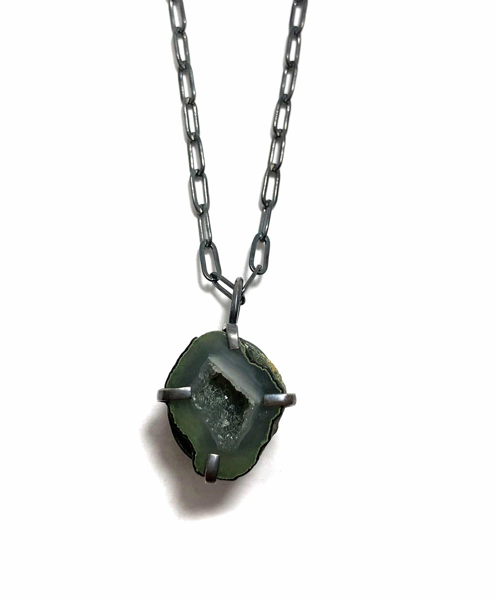 Agate Geode Necklace set in oxidized sterling silver.  Handmade by Alex Lozier Jewelry.