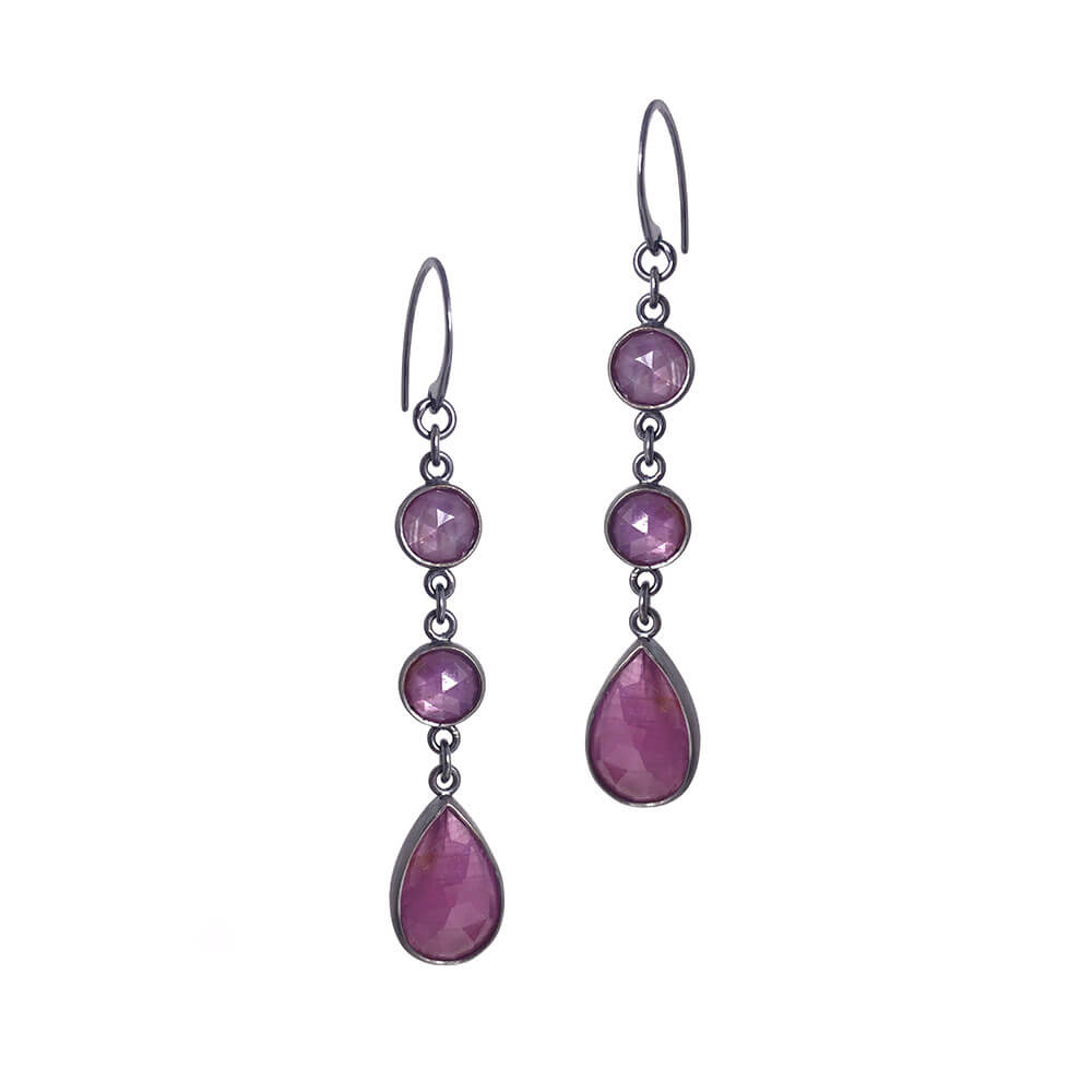 Rosecut Ruby + pink Sapphire gemstone dangle earrings.  Hearts on fire collection.  Handmade by Alex Lozier Jewelry.