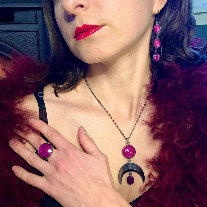 Talisman Pendant with Round Rose Cut Ruby Gemstone with Crescent Moon + hexagon shaped ruby. Hearts on Fire collection. Handmade by Alex Lozier Jewelry.