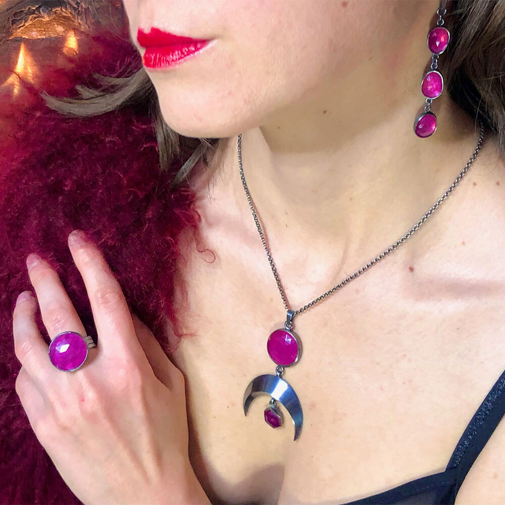 3 Rose cut Ruby gemstones set in oxidized sterling silver. Dangle earring. Hearts on Fire collection. Handmade by Alex Lozier Jewelry.