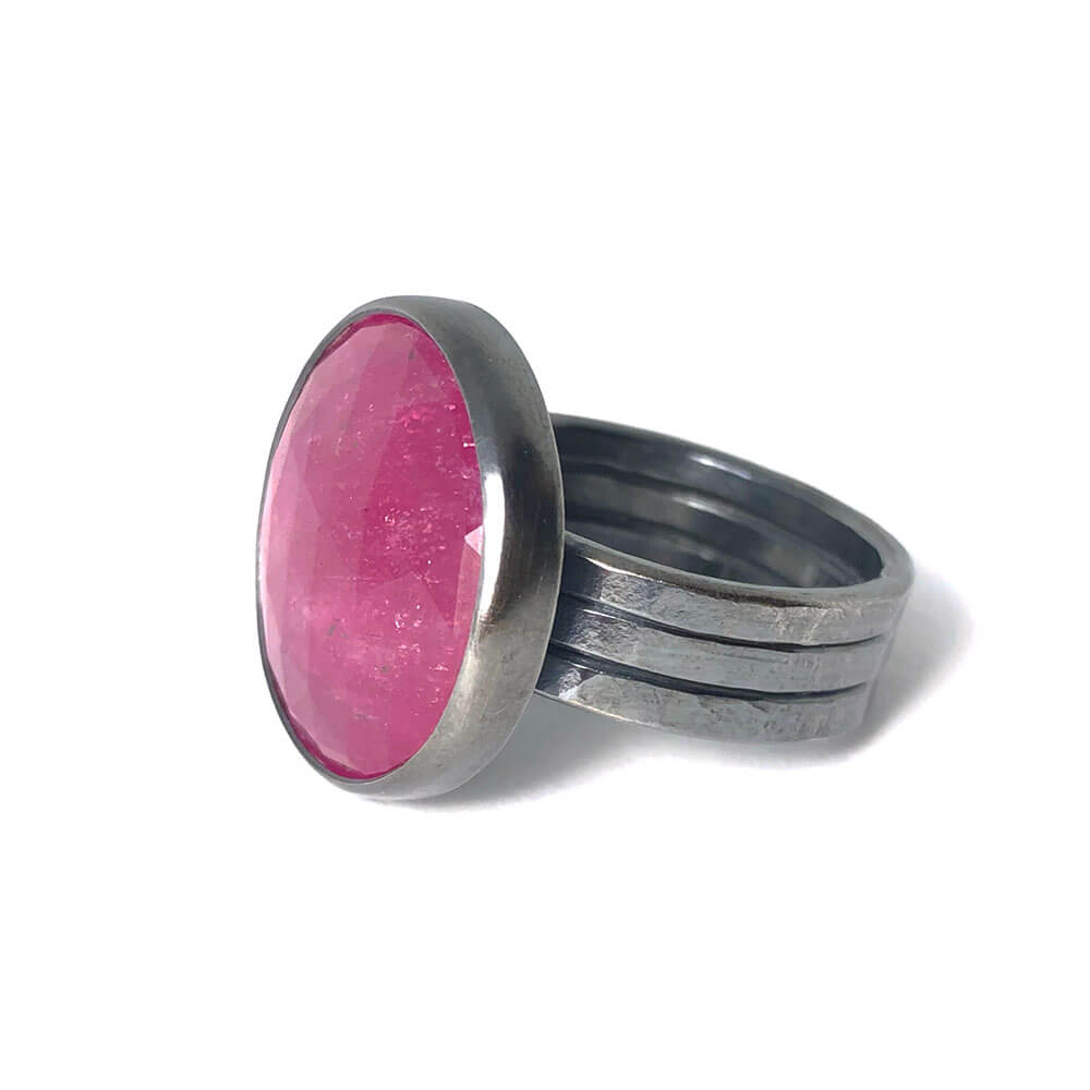 Round Rosecut Ruby Gemstone Statement Ring. Set in oxidized sterling silver. Hearts on Fire collection. Handmade by Alex Lozier Jewelry.
